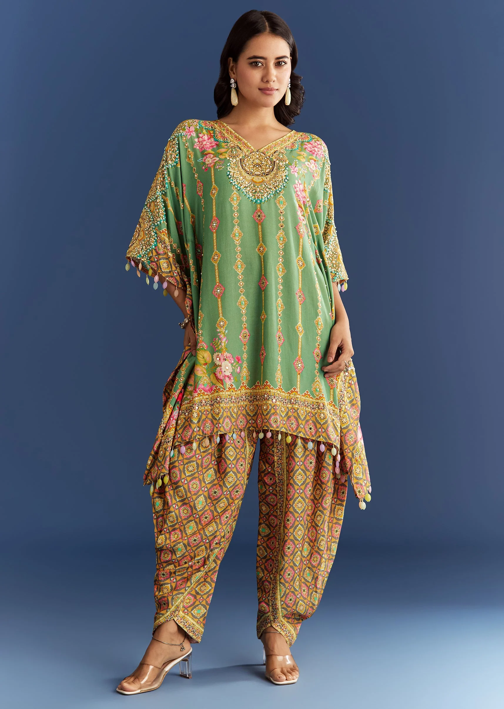 9294-light-aqua-green-cotton-muslin-kaftaan-with-printed-dhoti-3.webp Light Aqua Green Cotton Muslin Kaftaan With Printed Dhoti
