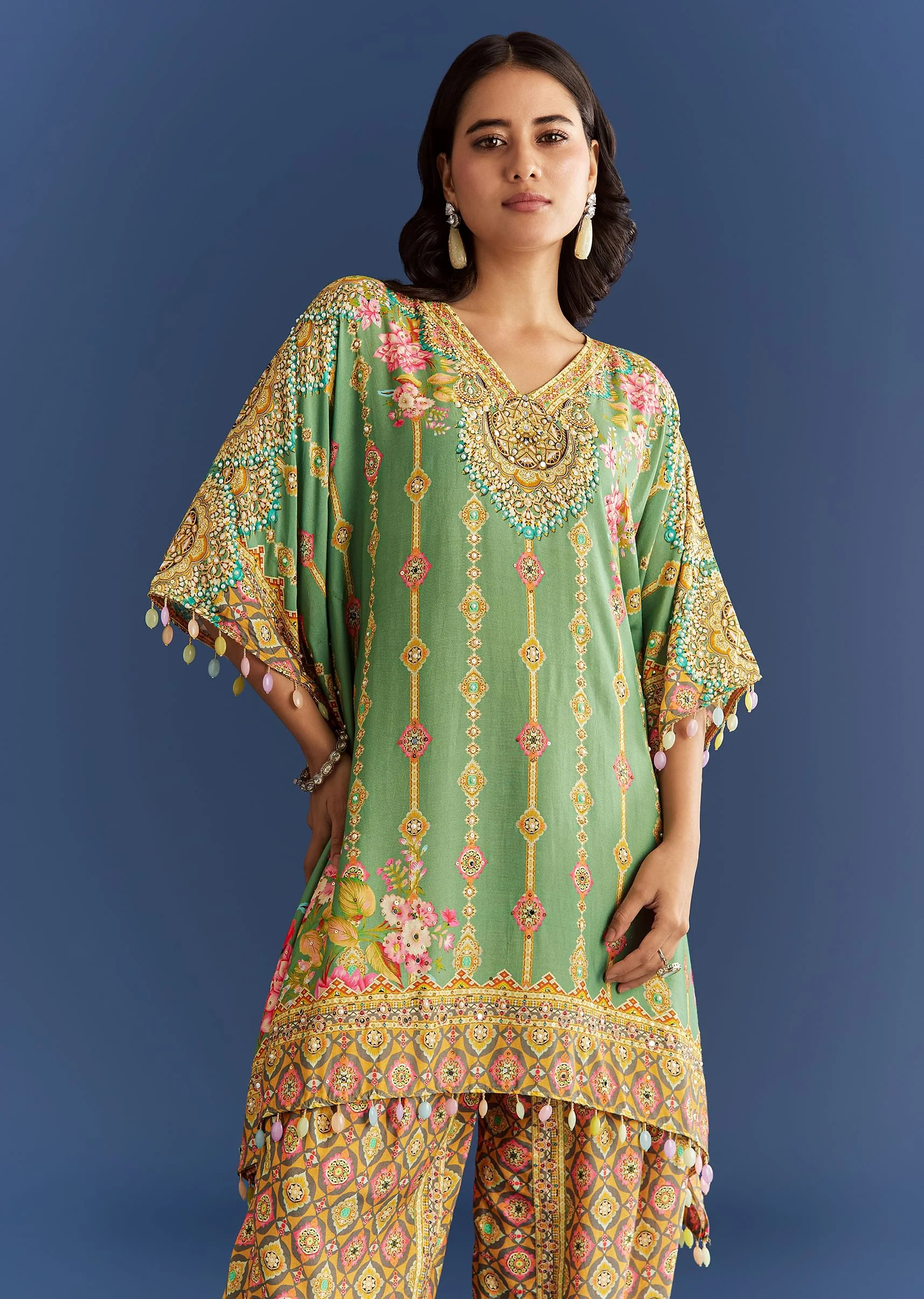 9294-light-aqua-green-cotton-muslin-kaftaan-with-printed-dhoti-4.webp Light Aqua Green Cotton Muslin Kaftaan With Printed Dhoti