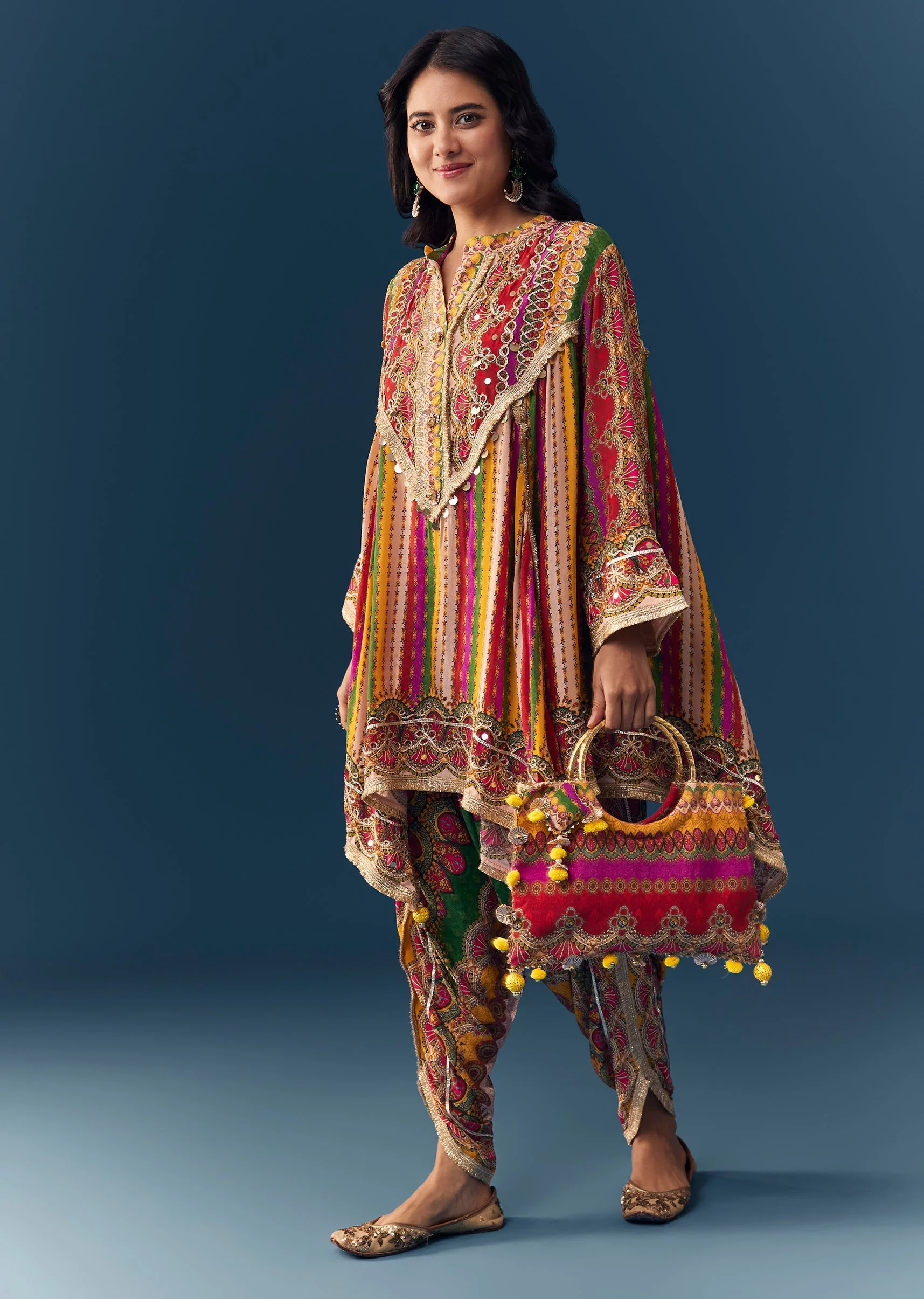 Multi Indie Print Kurti Dhoti Set with Handbag