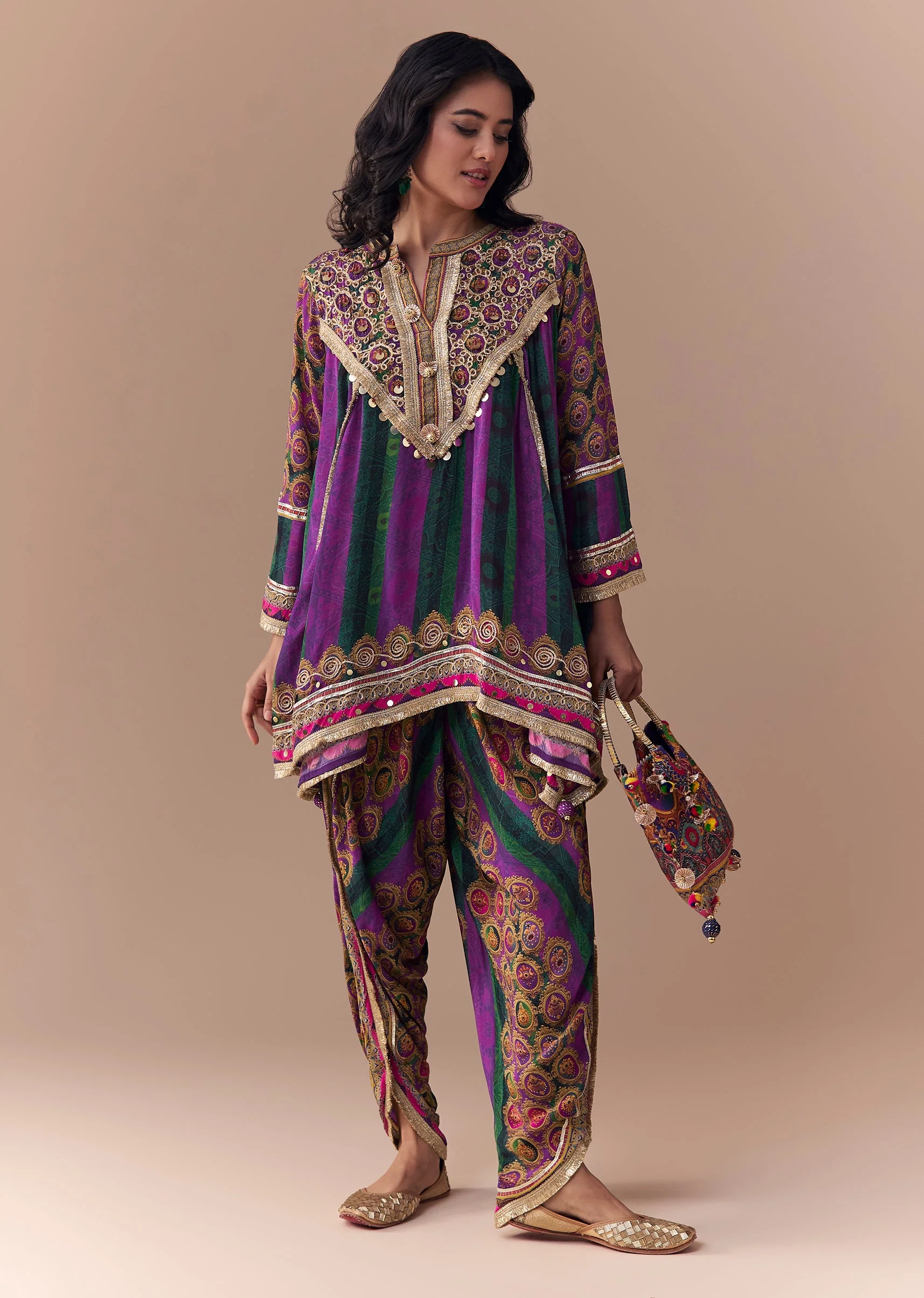 9308-purple-indie-print-dhoti-set-with-handbag-1.webp Purple Indie Print Dhoti Set with Handbag