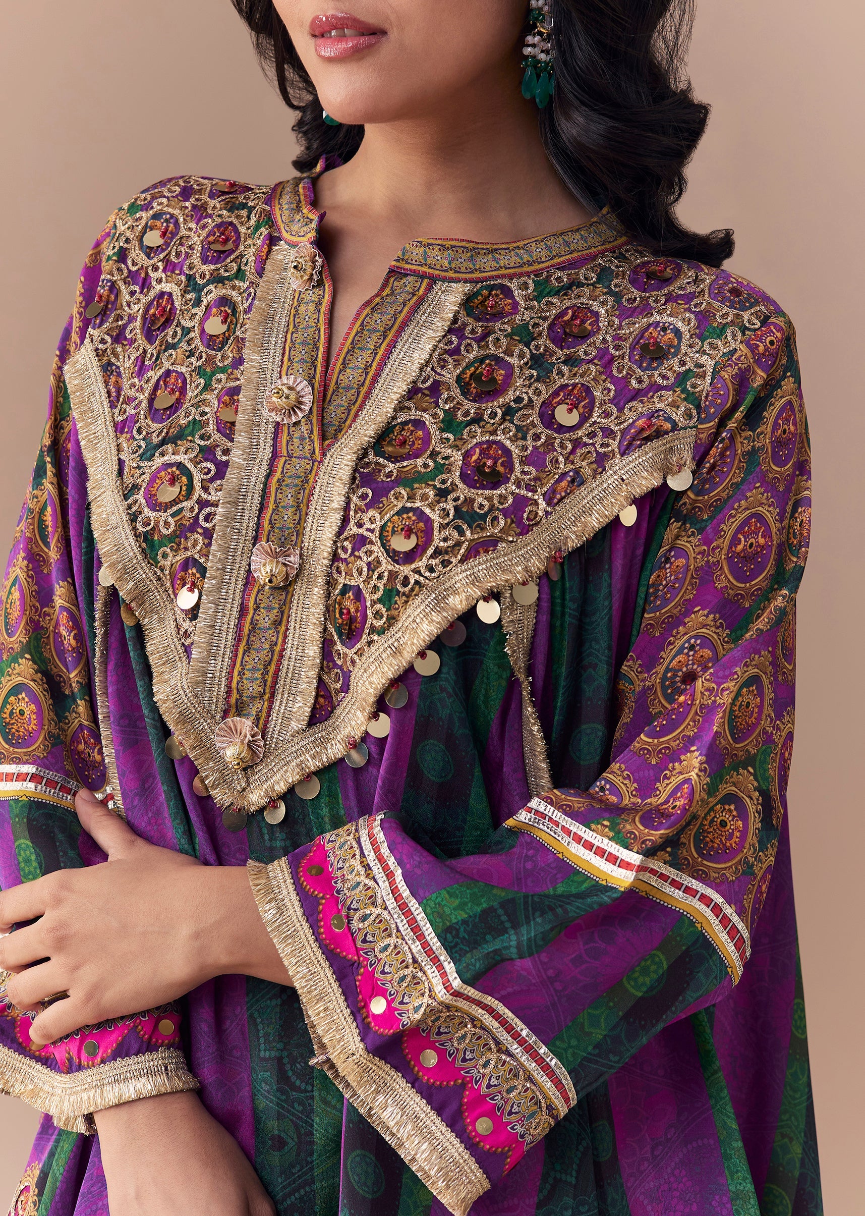 Purple Indie Print Dhoti Set with Handbag