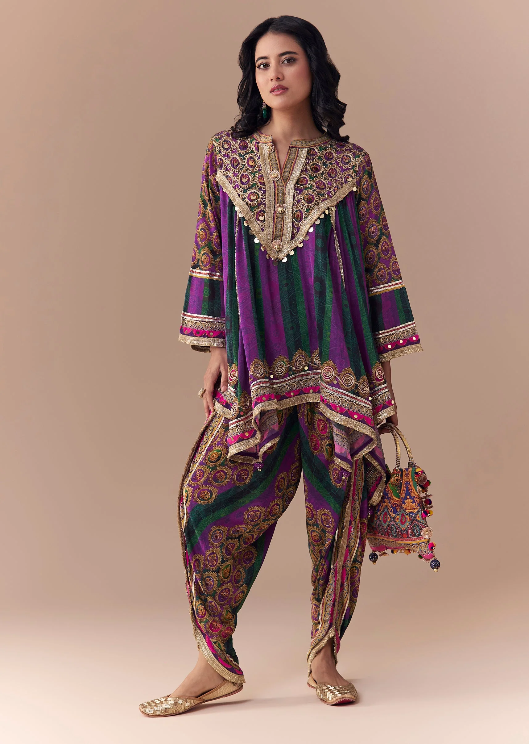 Purple Indie Print Dhoti Set with Handbag