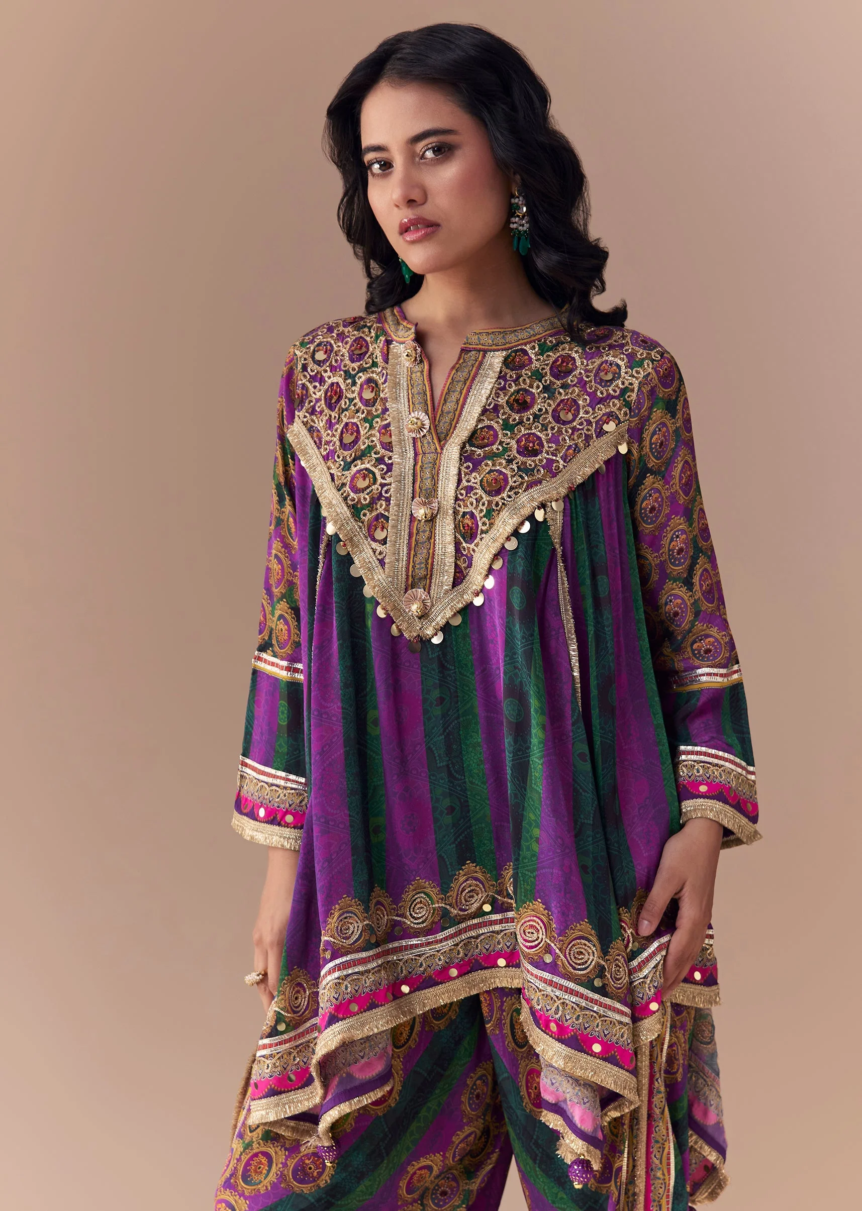 Purple Indie Print Dhoti Set with Handbag