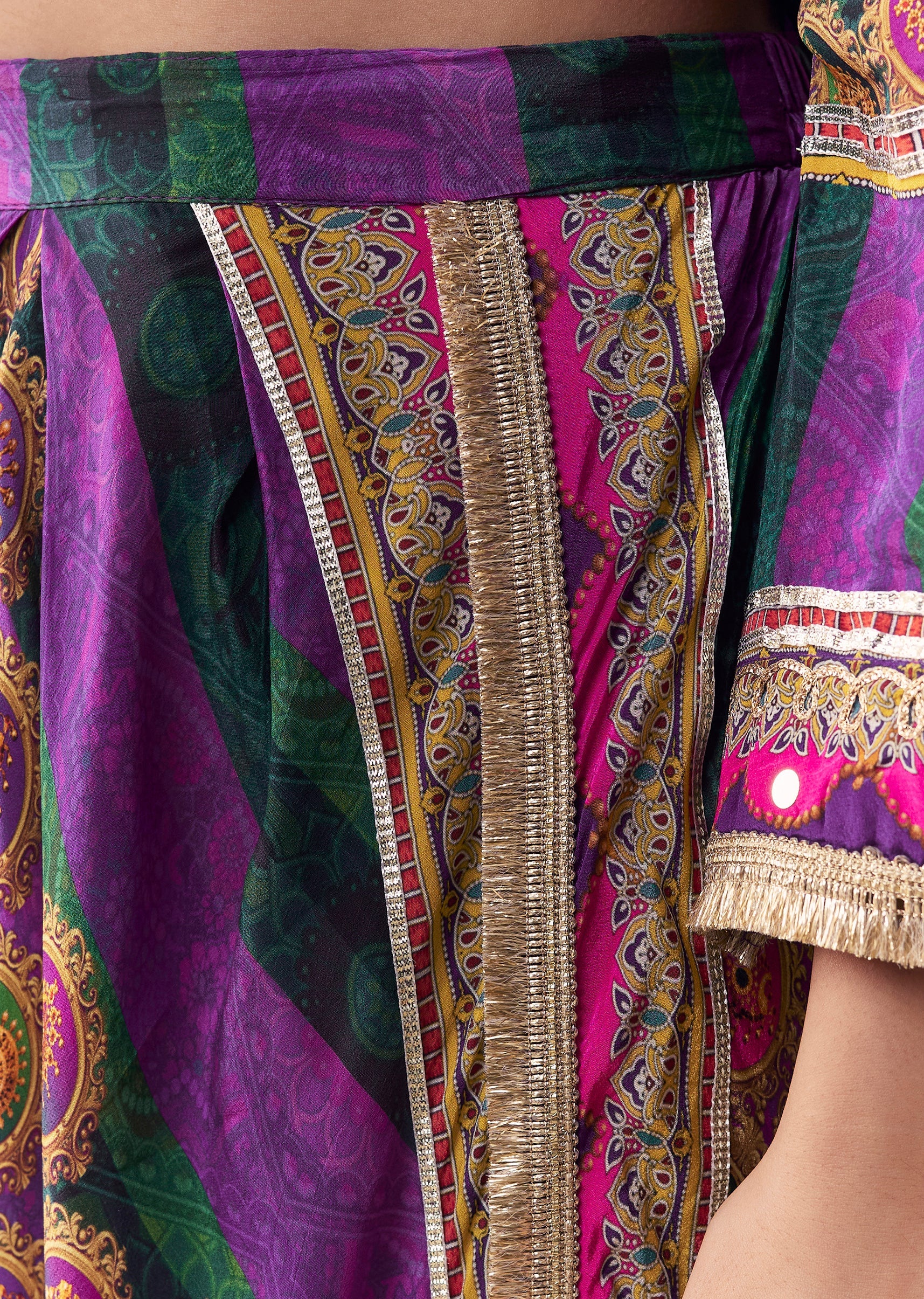 Purple Indie Print Dhoti Set with Handbag