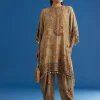Beige Floral Printed Kaftan Dhoti Set With Shells And Metal Coin Tassels