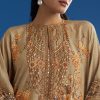 Beige Floral Printed Kaftan Dhoti Set With Shells And Metal Coin Tassels