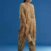 Beige Floral Printed Kaftan Dhoti Set With Shells And Metal Coin Tassels