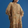 Beige Floral Printed Kaftan Dhoti Set With Shells And Metal Coin Tassels