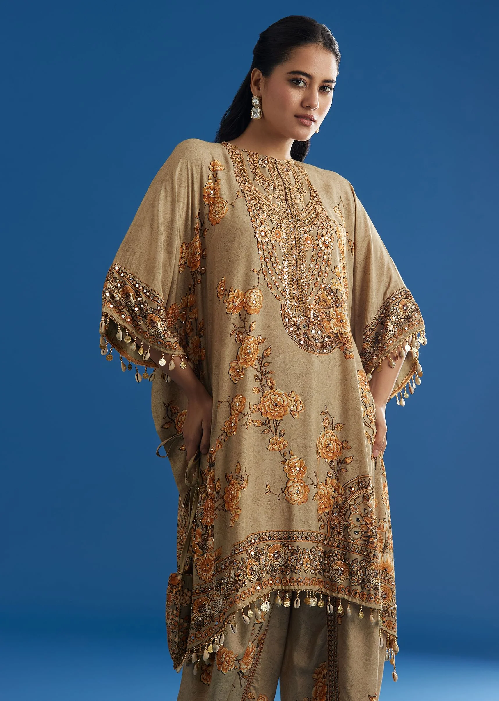 Beige Floral Printed Kaftan Dhoti Set With Shells And Metal Coin Tassels