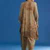 Beige Floral Printed Kaftan Dhoti Set With Shells And Metal Coin Tassels