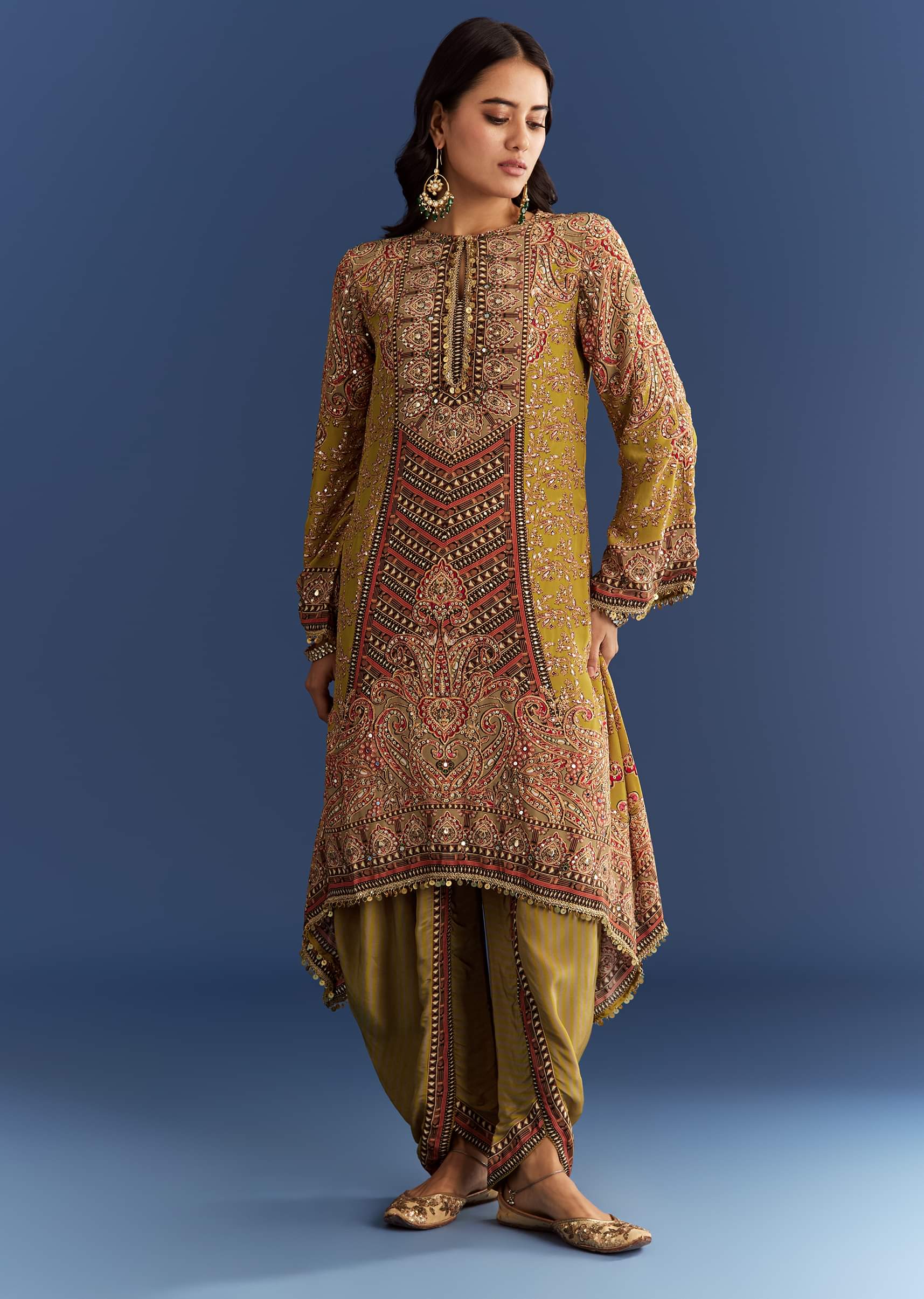 9334-mehendi-green-crepe-asymmetrical-printed-kurta-with-striped-printed-dhoti-1.jpg Mehendi Green Crepe Asymmetrical Printed Kurta With Striped Printed Dhoti
