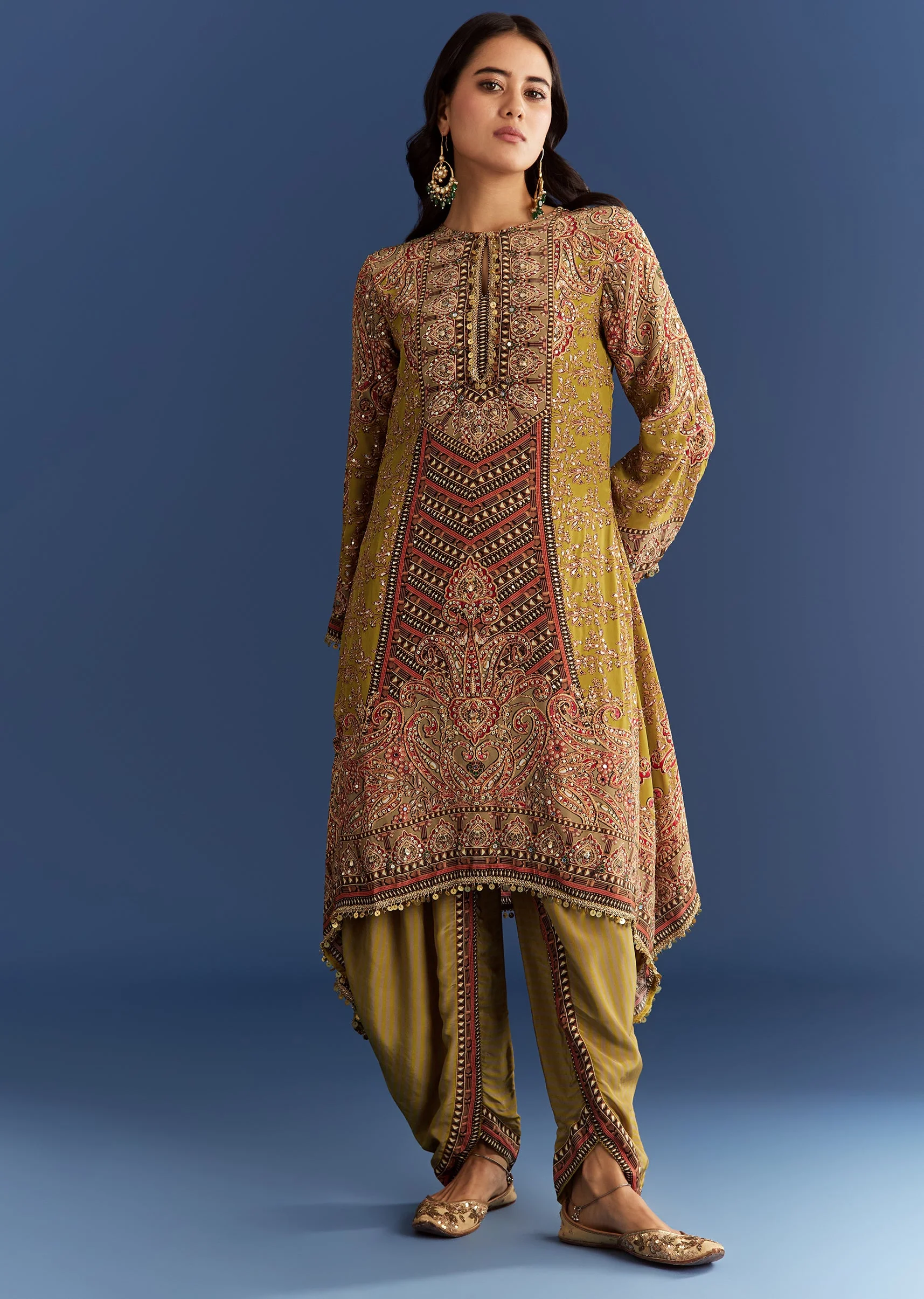 9334-mehendi-green-crepe-asymmetrical-printed-kurta-with-striped-printed-dhoti-3.webp Mehendi Green Crepe Asymmetrical Printed Kurta With Striped Printed Dhoti