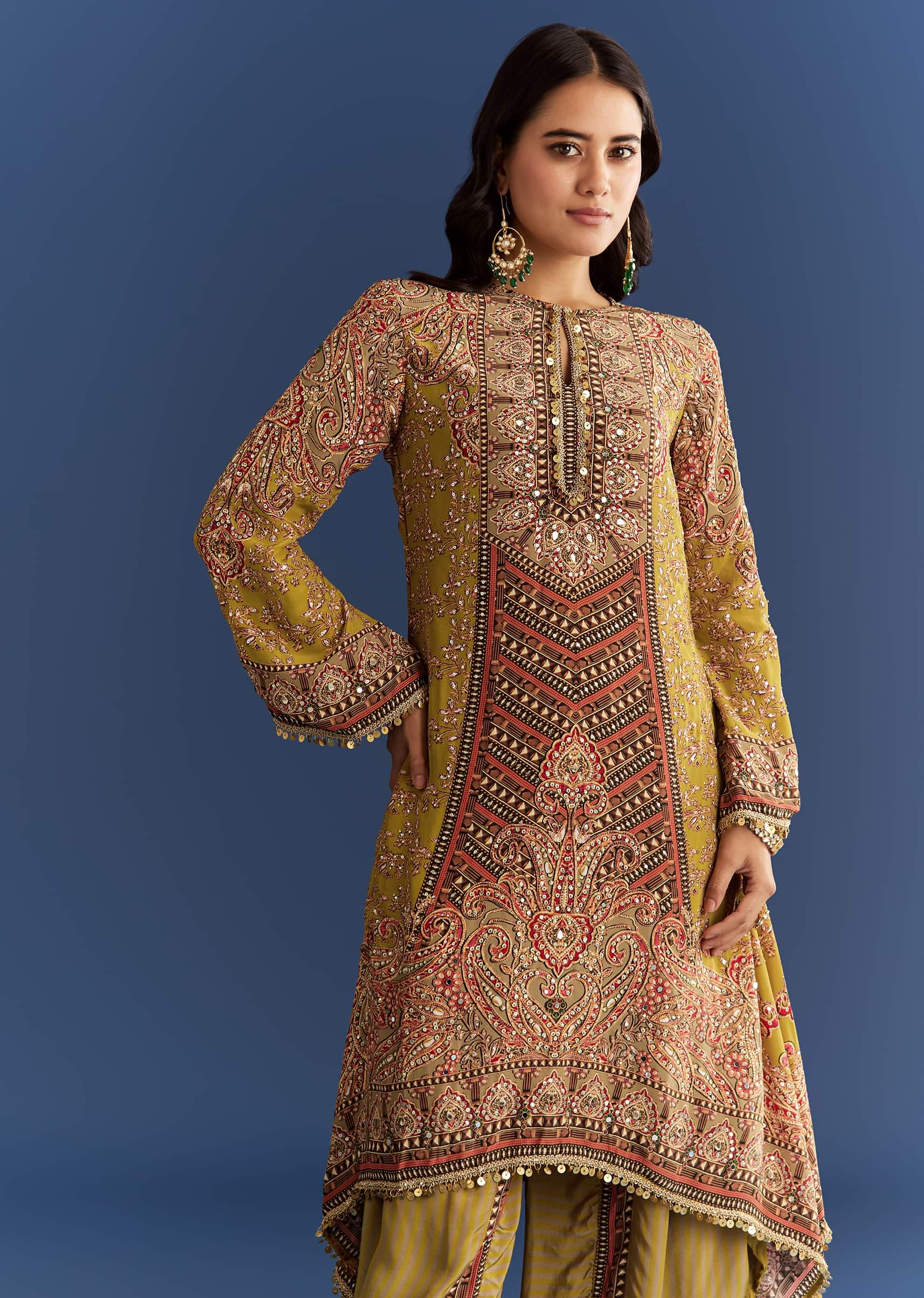 9334-mehendi-green-crepe-asymmetrical-printed-kurta-with-striped-printed-dhoti-4.jpg Mehendi Green Crepe Asymmetrical Printed Kurta With Striped Printed Dhoti