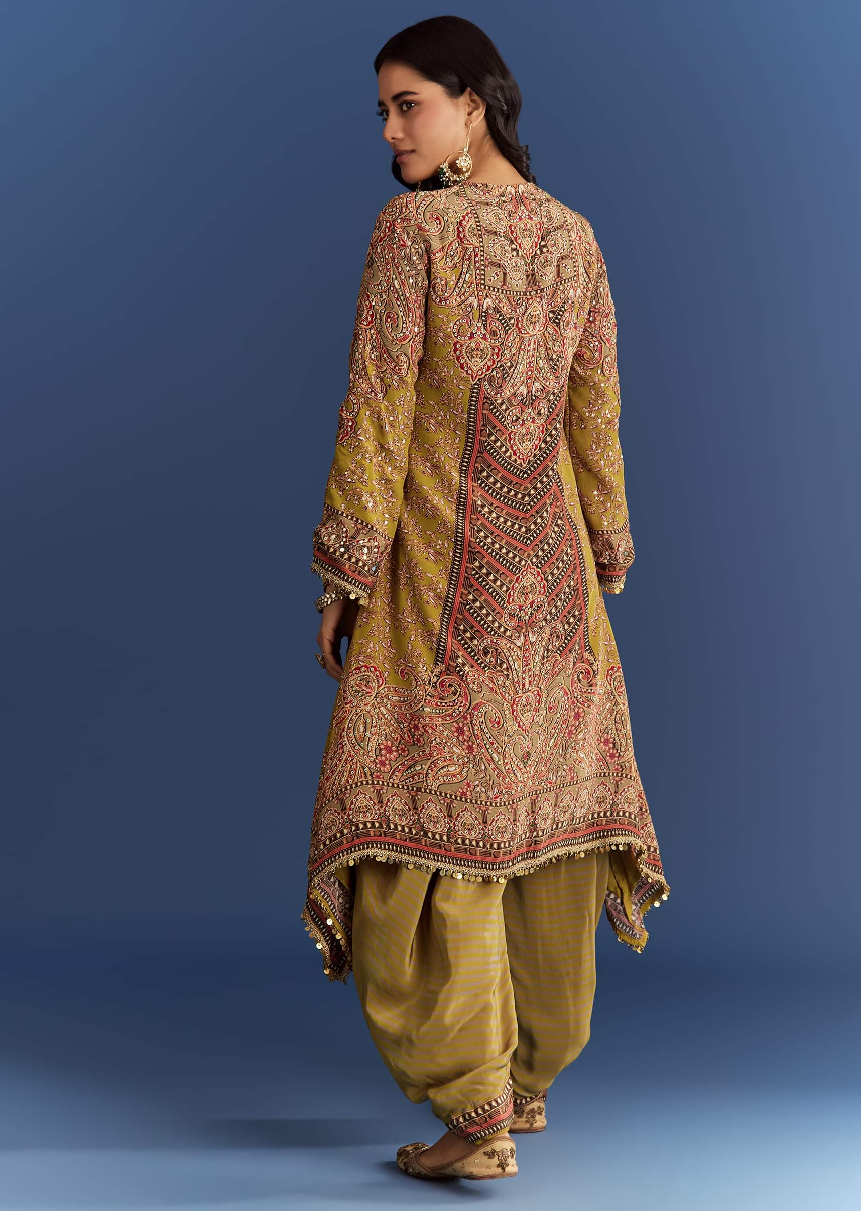 9334-mehendi-green-crepe-asymmetrical-printed-kurta-with-striped-printed-dhoti-5.jpg Mehendi Green Crepe Asymmetrical Printed Kurta With Striped Printed Dhoti