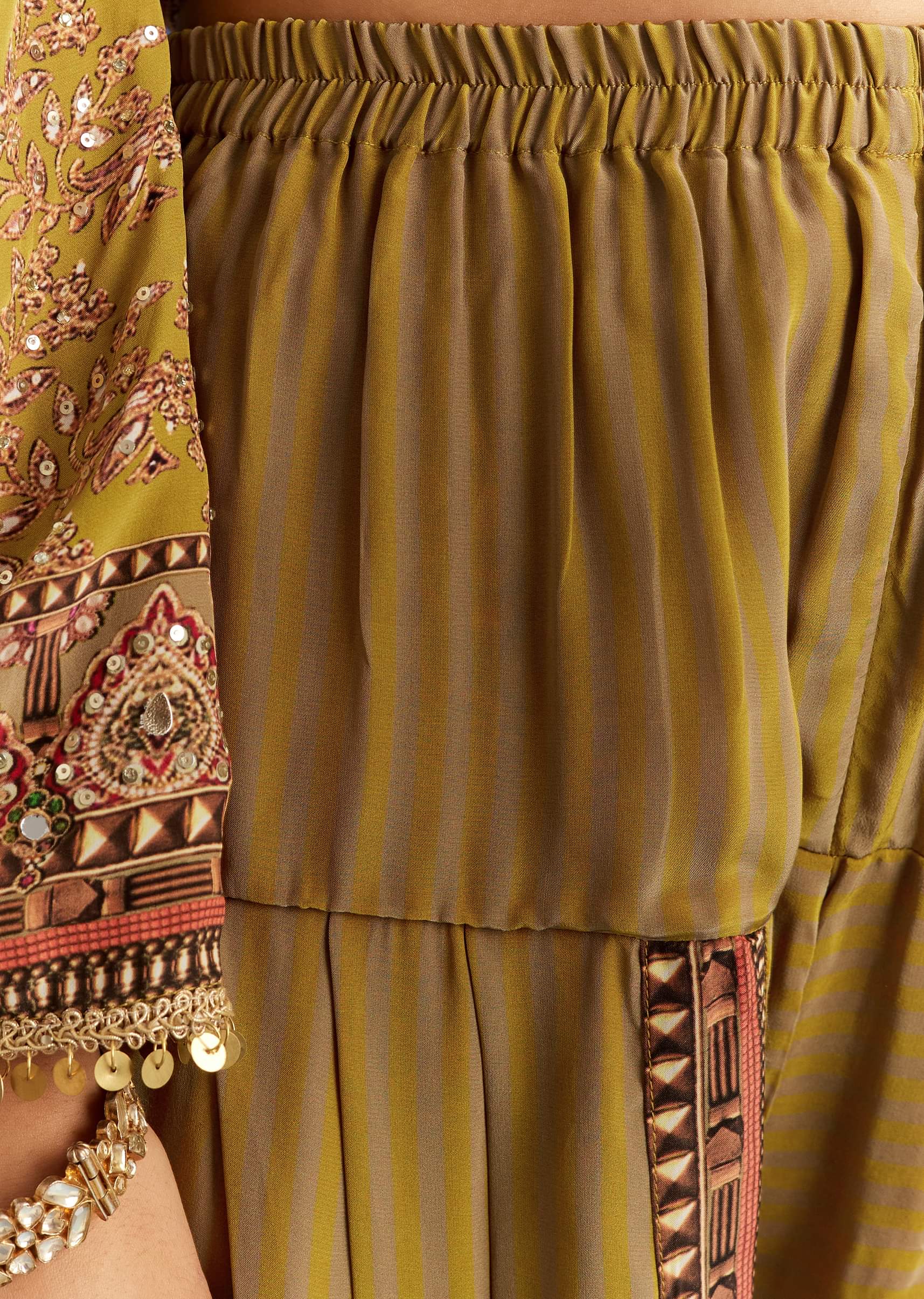 9334-mehendi-green-crepe-asymmetrical-printed-kurta-with-striped-printed-dhoti-6.jpg Mehendi Green Crepe Asymmetrical Printed Kurta With Striped Printed Dhoti
