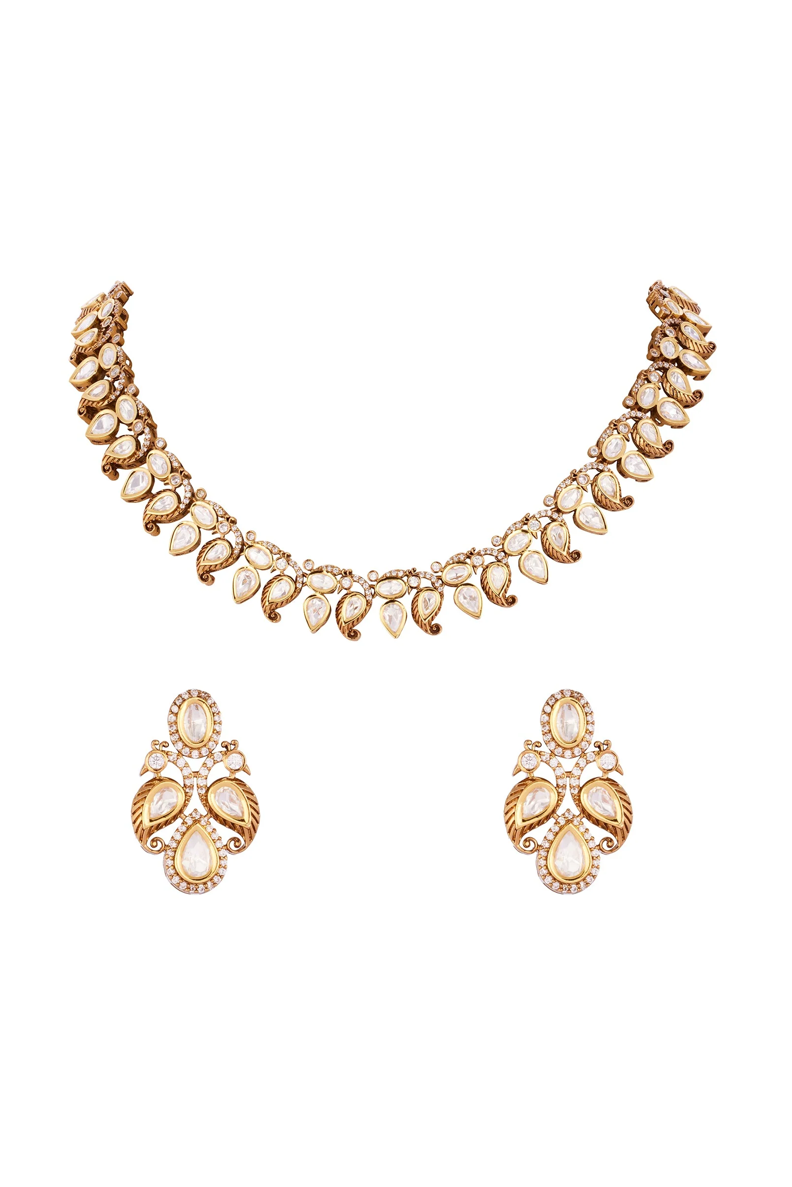 Gold Finish Necklace Set WIth In Polki Detailing