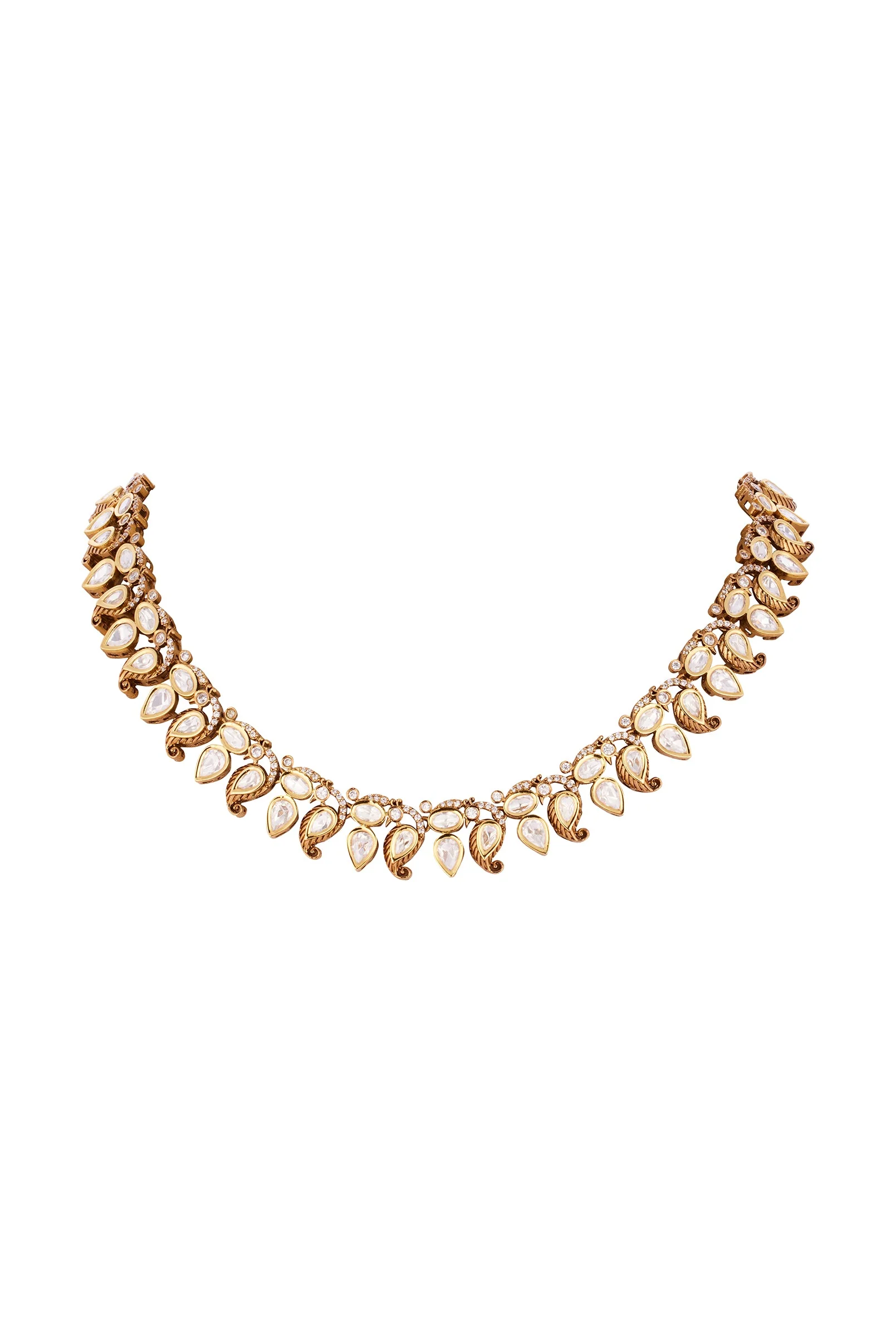 Gold Finish Necklace Set WIth In Polki Detailing