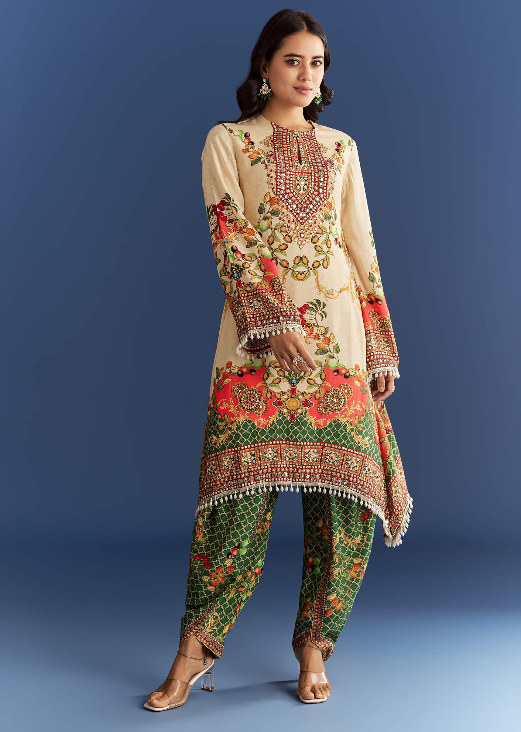9347-cream-cotton-muslin-printed-asymmetrical-kurta-dhoti-1.jpg Cream Cotton Muslin Printed Asymmetrical Kurta Dhoti