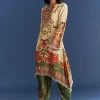 Cream Cotton Muslin Printed Asymmetrical Kurta Dhoti