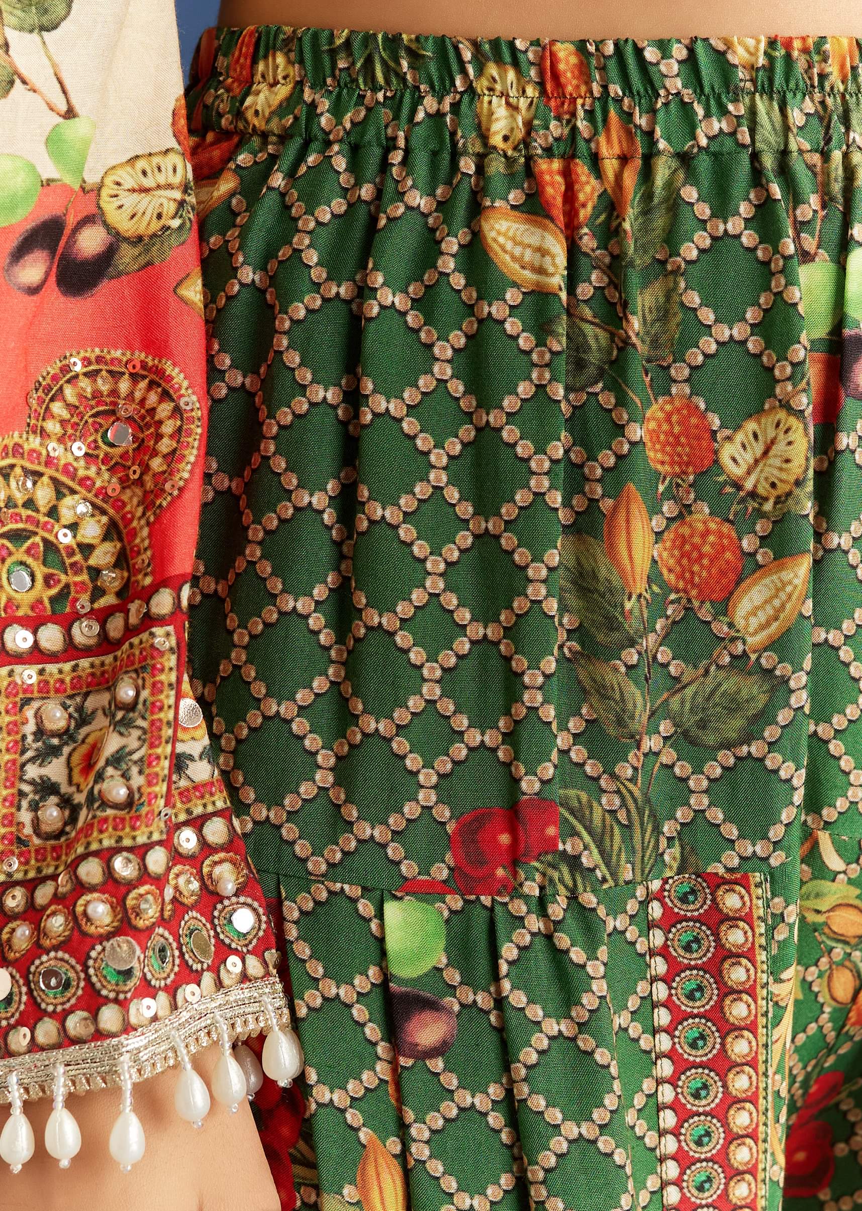 Cream Cotton Muslin Printed Asymmetrical Kurta Dhoti