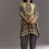 Greenish Beige Printed Kaftaan Kurta With Dhoti