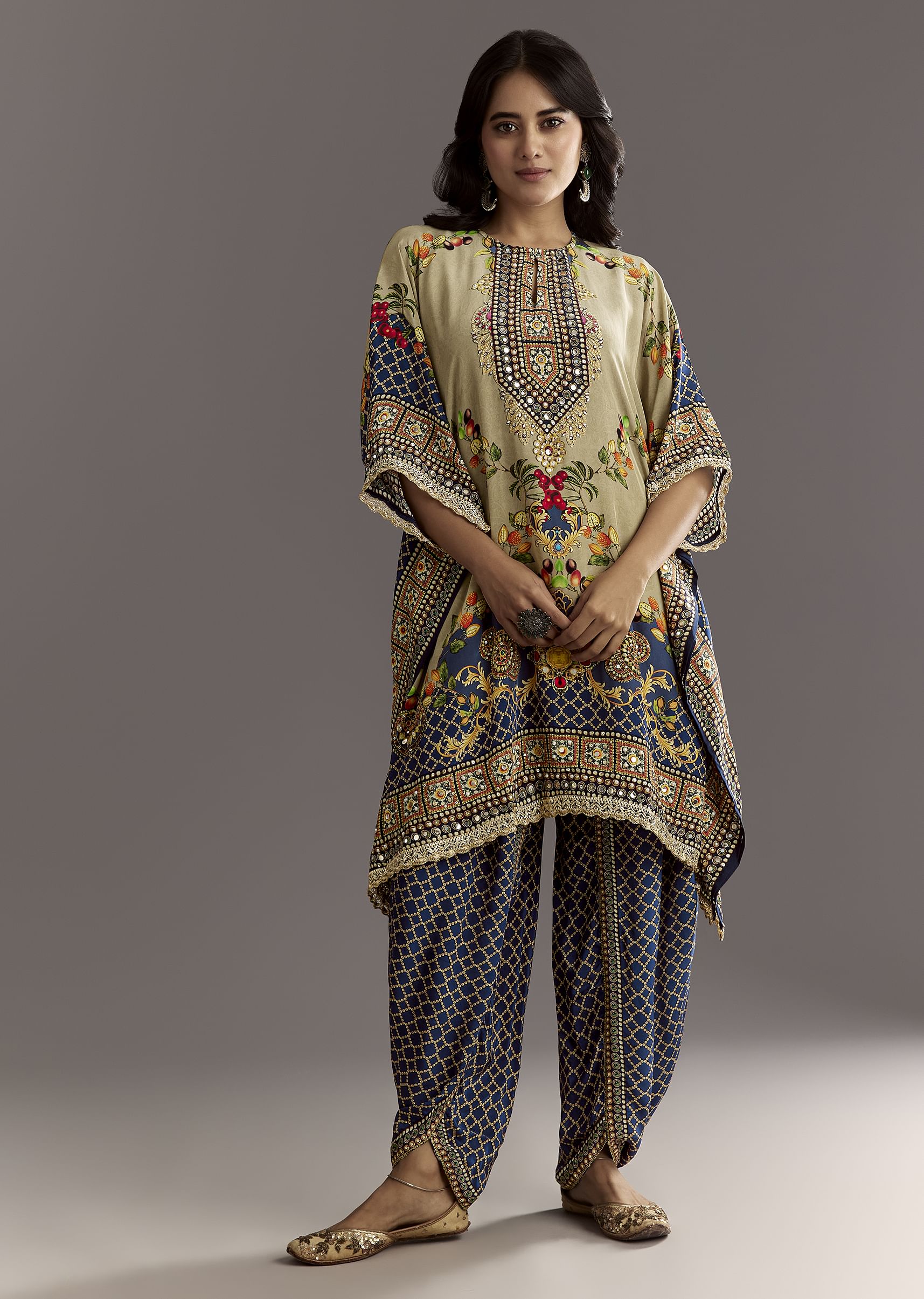 9355-dir-69691c7bdcc3-m-variation-1.jpg Greenish Beige Printed Kaftaan Kurta With Dhoti