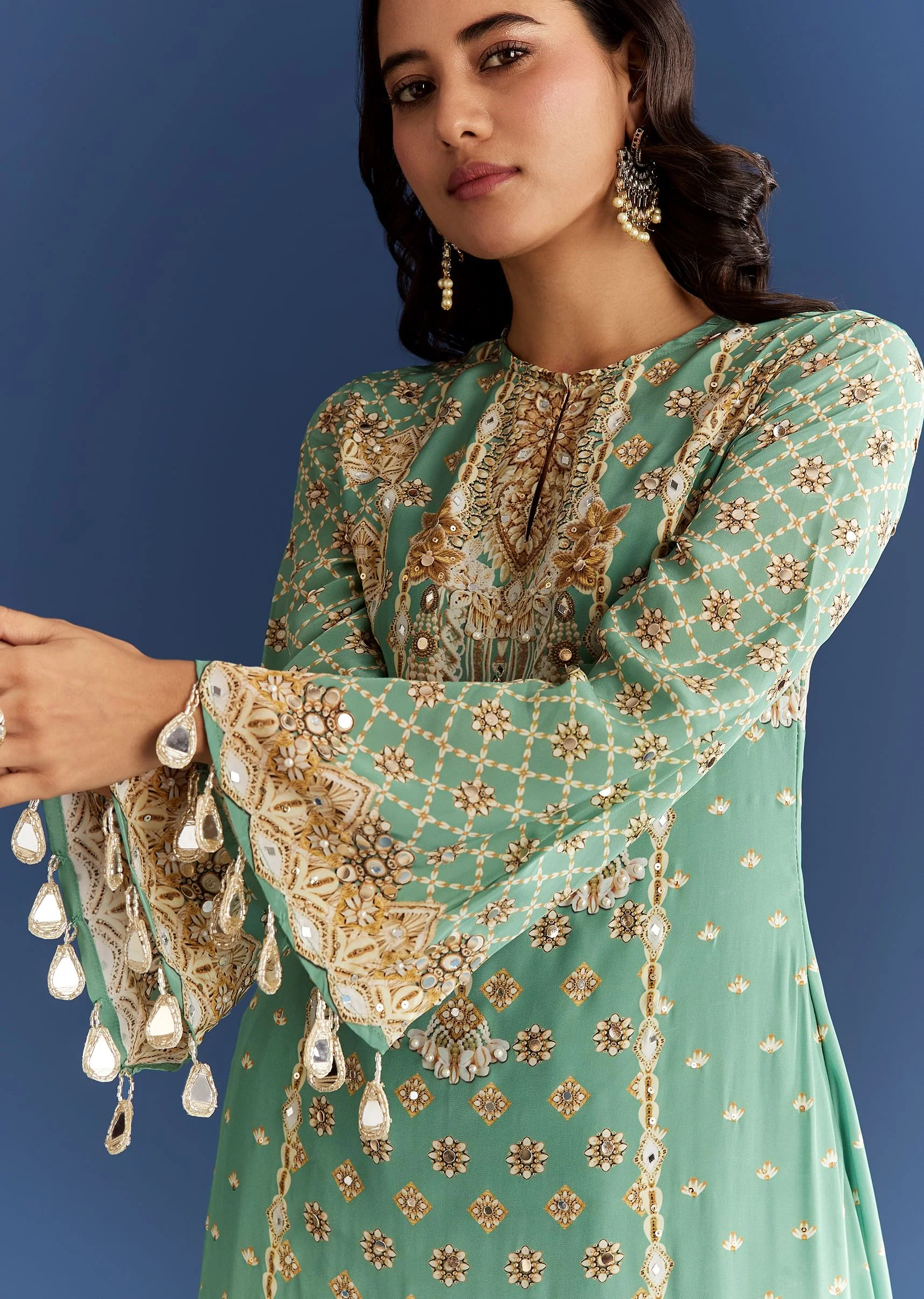9359-light-aqua-green-crepe-printed-kurta-dhoti-with-embroidery-2.webp Light Aqua Green Crepe Printed Kurta Dhoti With Embroidery