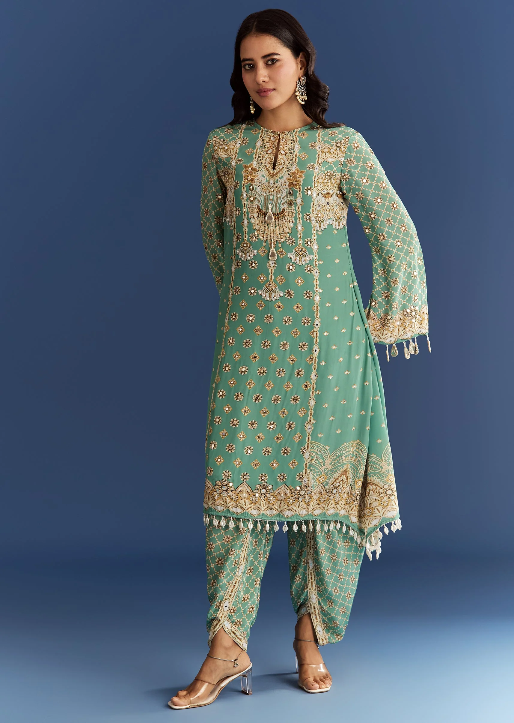 9359-light-aqua-green-crepe-printed-kurta-dhoti-with-embroidery-3.webp Light Aqua Green Crepe Printed Kurta Dhoti With Embroidery