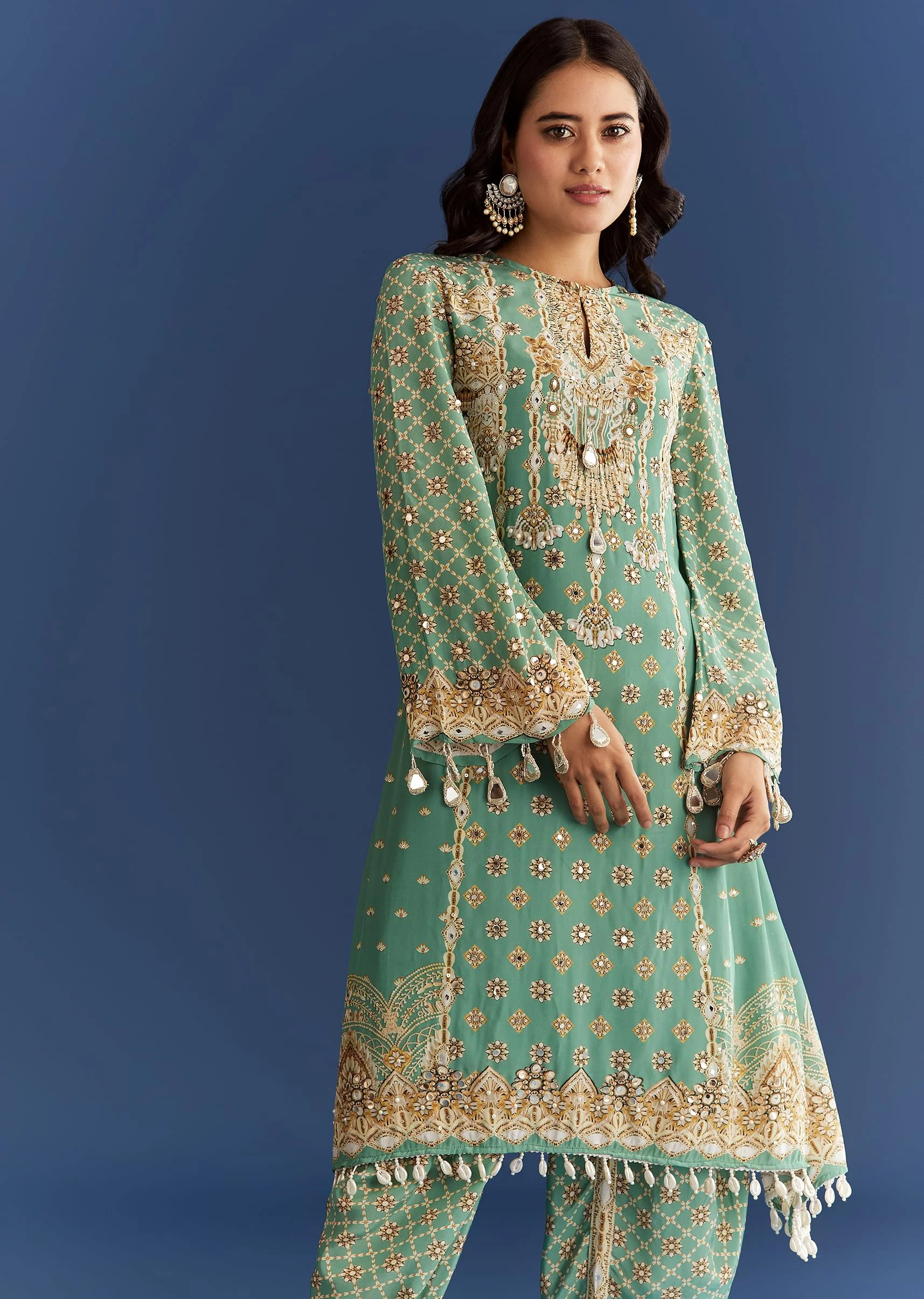 9359-light-aqua-green-crepe-printed-kurta-dhoti-with-embroidery-4.webp Light Aqua Green Crepe Printed Kurta Dhoti With Embroidery