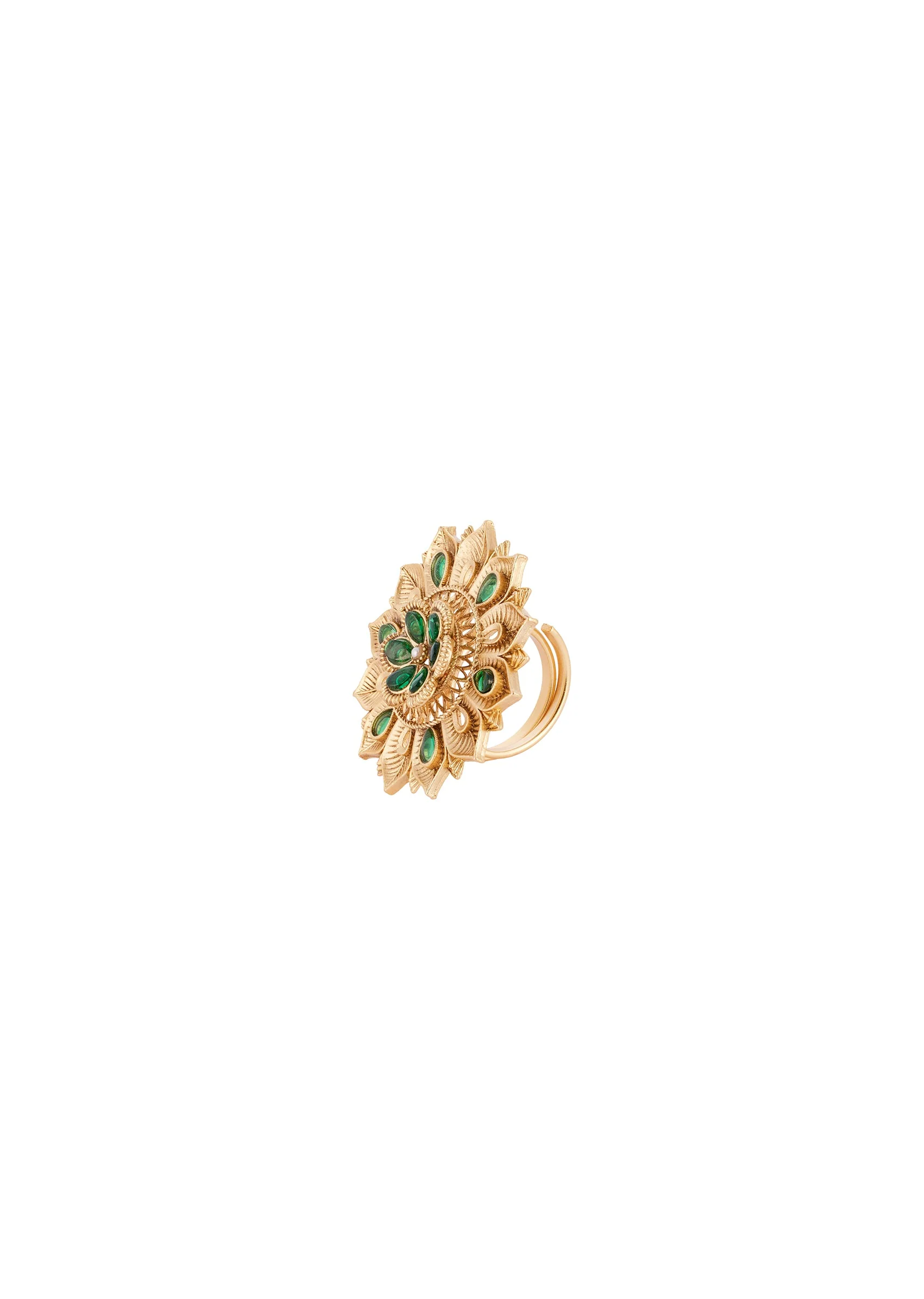936-gold-finish-ring-in-rajwadi-style-with-green-stone-accents-2.webp Gold Finish Ring in Rajwadi Style with Green Stone Accents