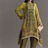 Green Muslin Floral And Bandhani Printed Asymmetrical Cut Kurta Dhoti