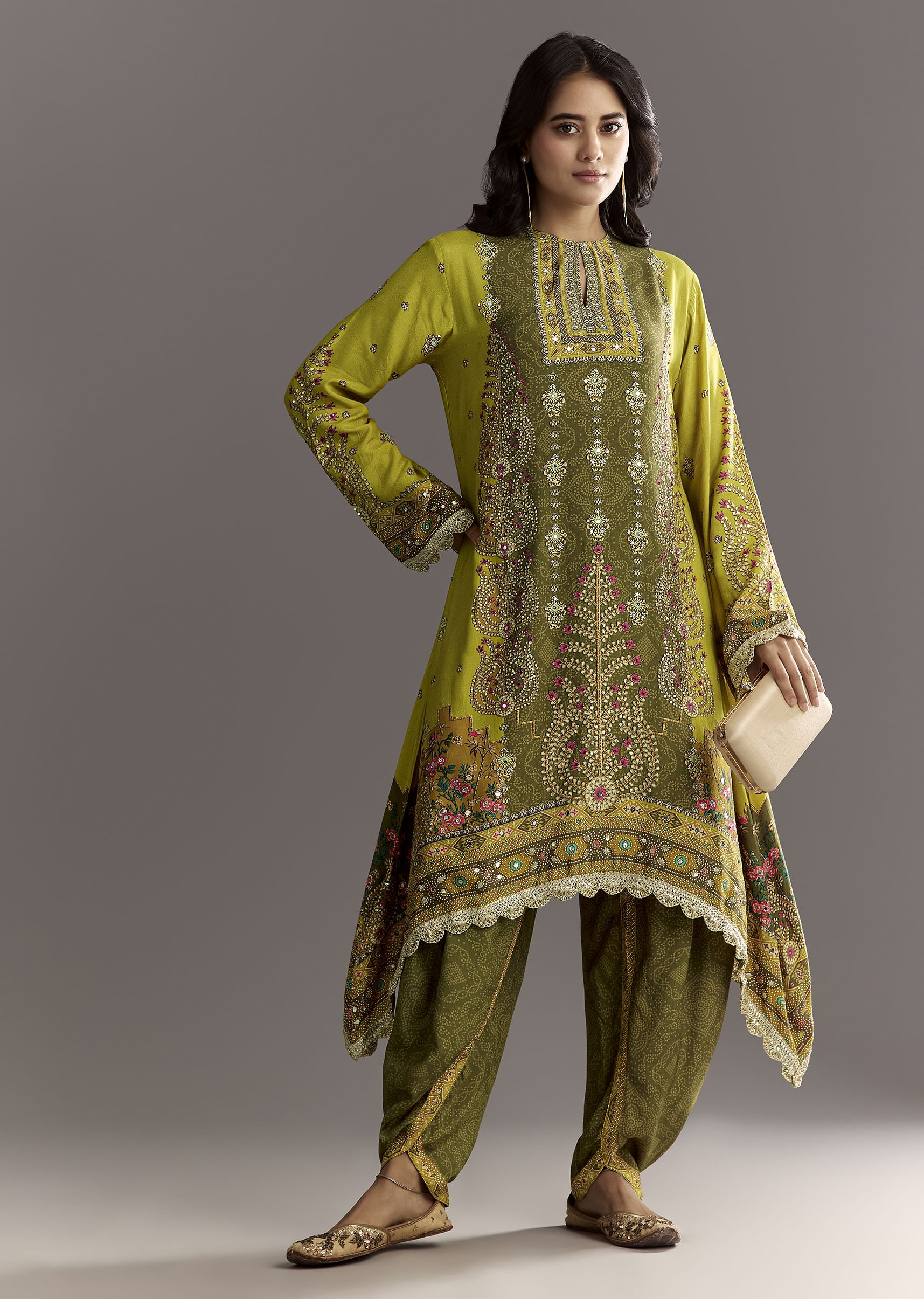 9365-green-muslin-floral-and-bandhani-printed-asymmetrical-cut-kurta-dhoti-1.jpg Green Muslin Floral And Bandhani Printed Asymmetrical Cut Kurta Dhoti