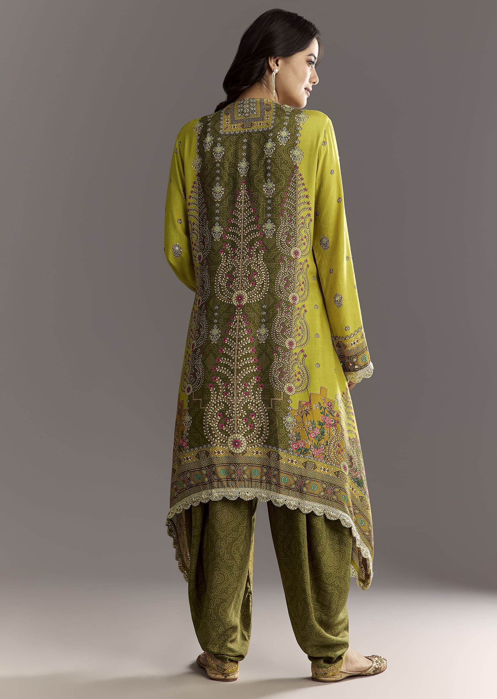 Green Muslin Floral And Bandhani Printed Asymmetrical Cut Kurta Dhoti