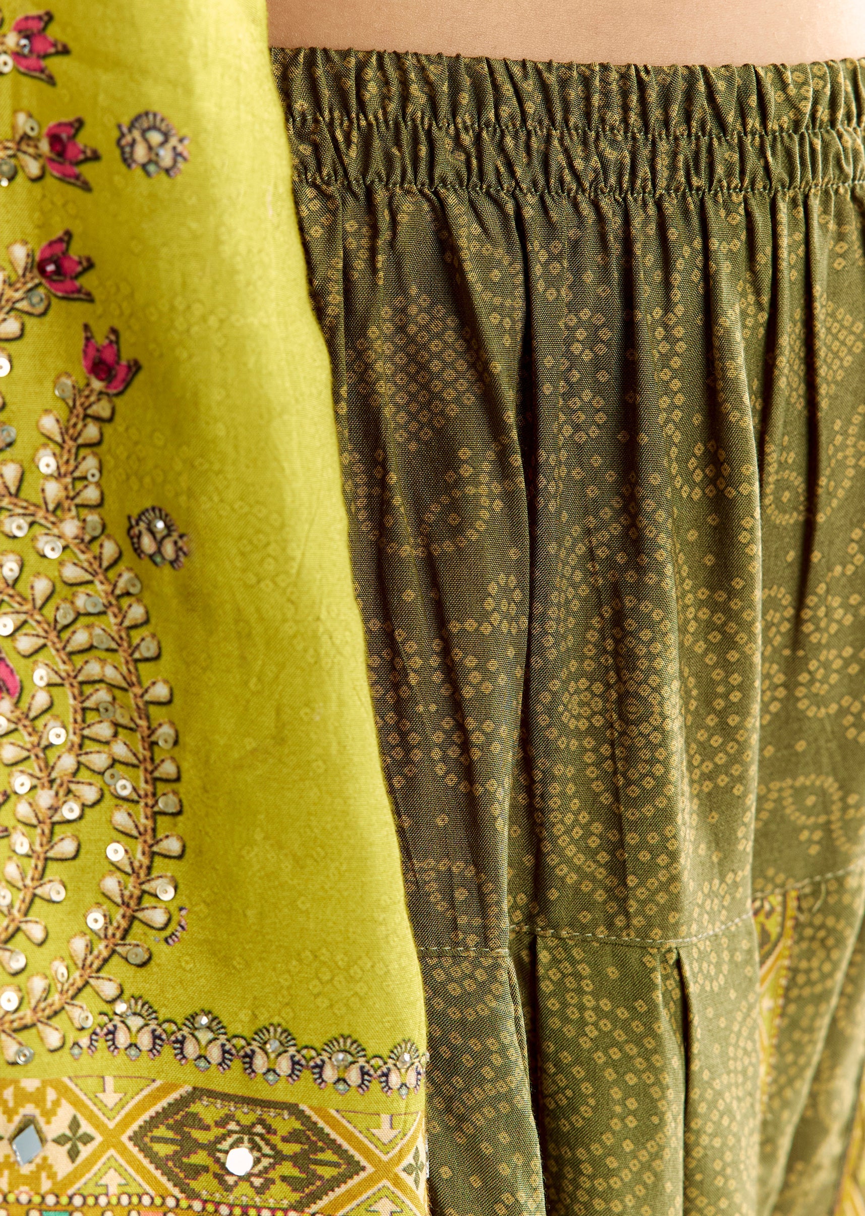 Green Muslin Floral And Bandhani Printed Asymmetrical Cut Kurta Dhoti