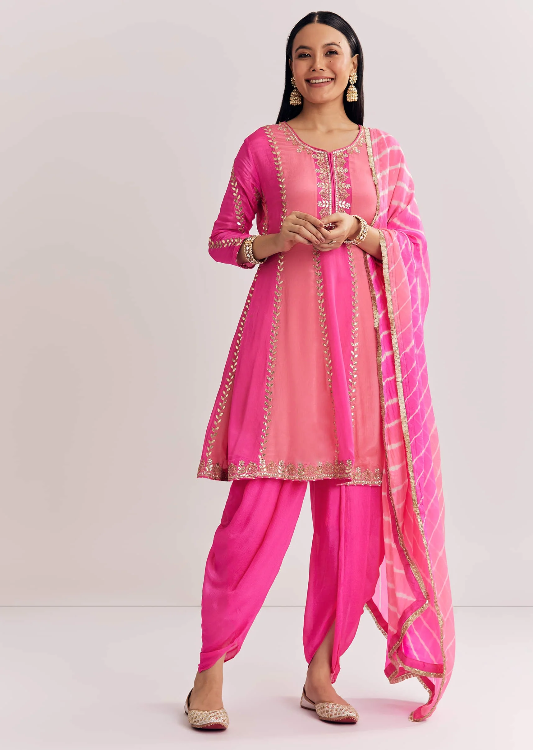 9371-pink-georgette-kurta-dhoti-suit-with-gotta-lace-and-moti-work-1.webp Pink Georgette Kurta Dhoti Suit With Gotta Lace And Moti Work