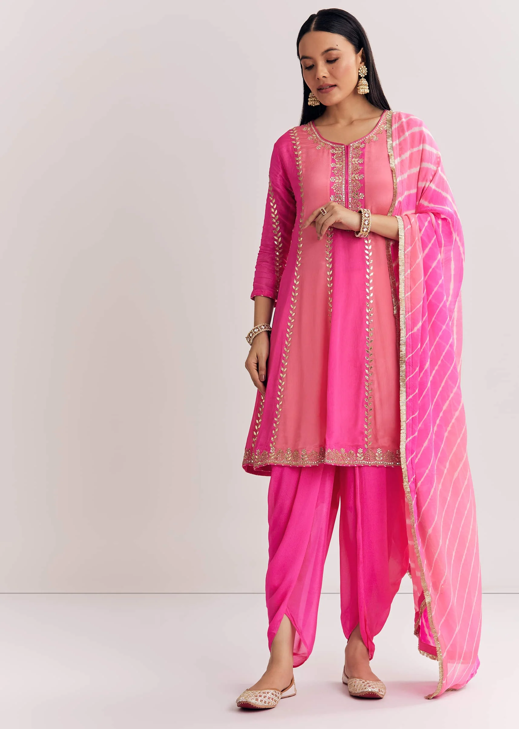 Pink Georgette Kurta Dhoti Suit With Gotta Lace And Moti Work