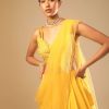 Corn Yellow Dhoti And Crop Top Suit With Hand Embroidered Leaf Motifs And A Matching Dupatta