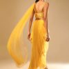 Corn Yellow Dhoti And Crop Top Suit With Hand Embroidered Leaf Motifs And A Matching Dupatta