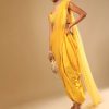 Corn Yellow Dhoti And Crop Top Suit With Hand Embroidered Leaf Motifs And A Matching Dupatta