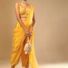 Corn Yellow Dhoti And Crop Top Suit With Hand Embroidered Leaf Motifs And A Matching Dupatta