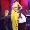 Corn Yellow Dhoti And Crop Top Suit With Hand Embroidered Leaf Motifs And A Matching Dupatta
