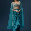 Teal Blue Dhoti Skirt Set With Embroidered Blouse And Net Dupatta