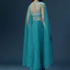 Teal Blue Dhoti Skirt Set With Embroidered Blouse And Net Dupatta