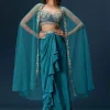 Teal Blue Dhoti Skirt Set With Embroidered Blouse And Net Dupatta