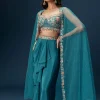Teal Blue Dhoti Skirt Set With Embroidered Blouse And Net Dupatta