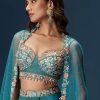 Teal Blue Dhoti Skirt Set With Embroidered Blouse And Net Dupatta