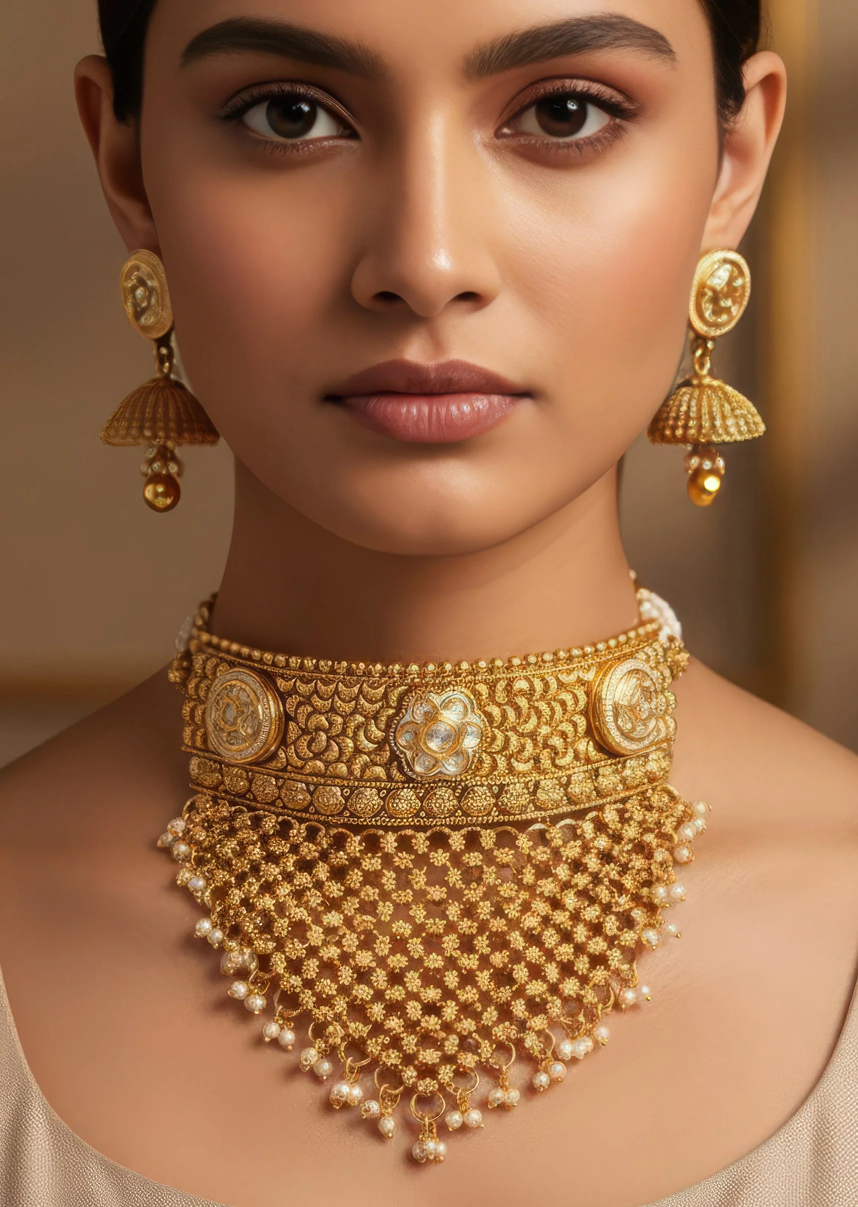 940-gold-finish-jewellery-set-with-kundan-detailing-and-drops-1.webp Gold Finish Jewellery Set With Kundan Detailing And Drops