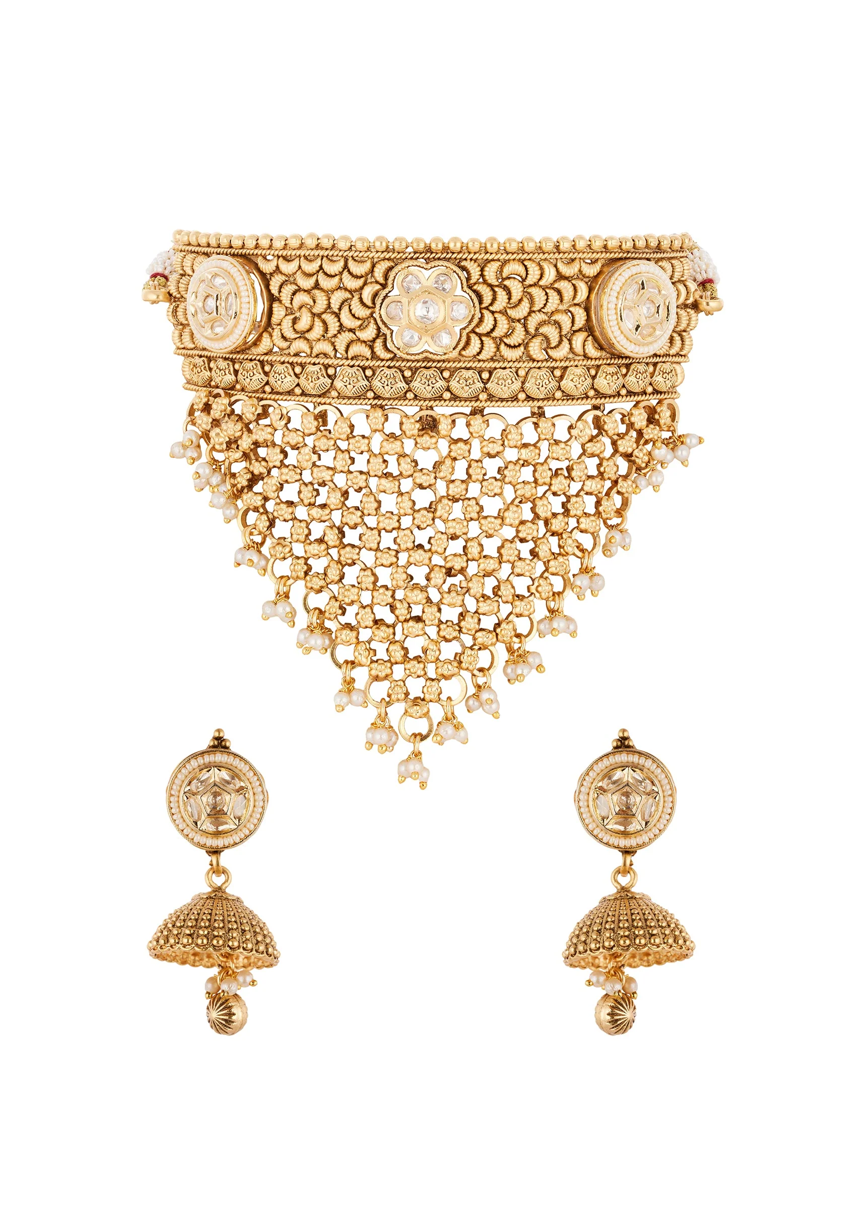 940-gold-finish-jewellery-set-with-kundan-detailing-and-drops-2.webp Gold Finish Jewellery Set With Kundan Detailing And Drops
