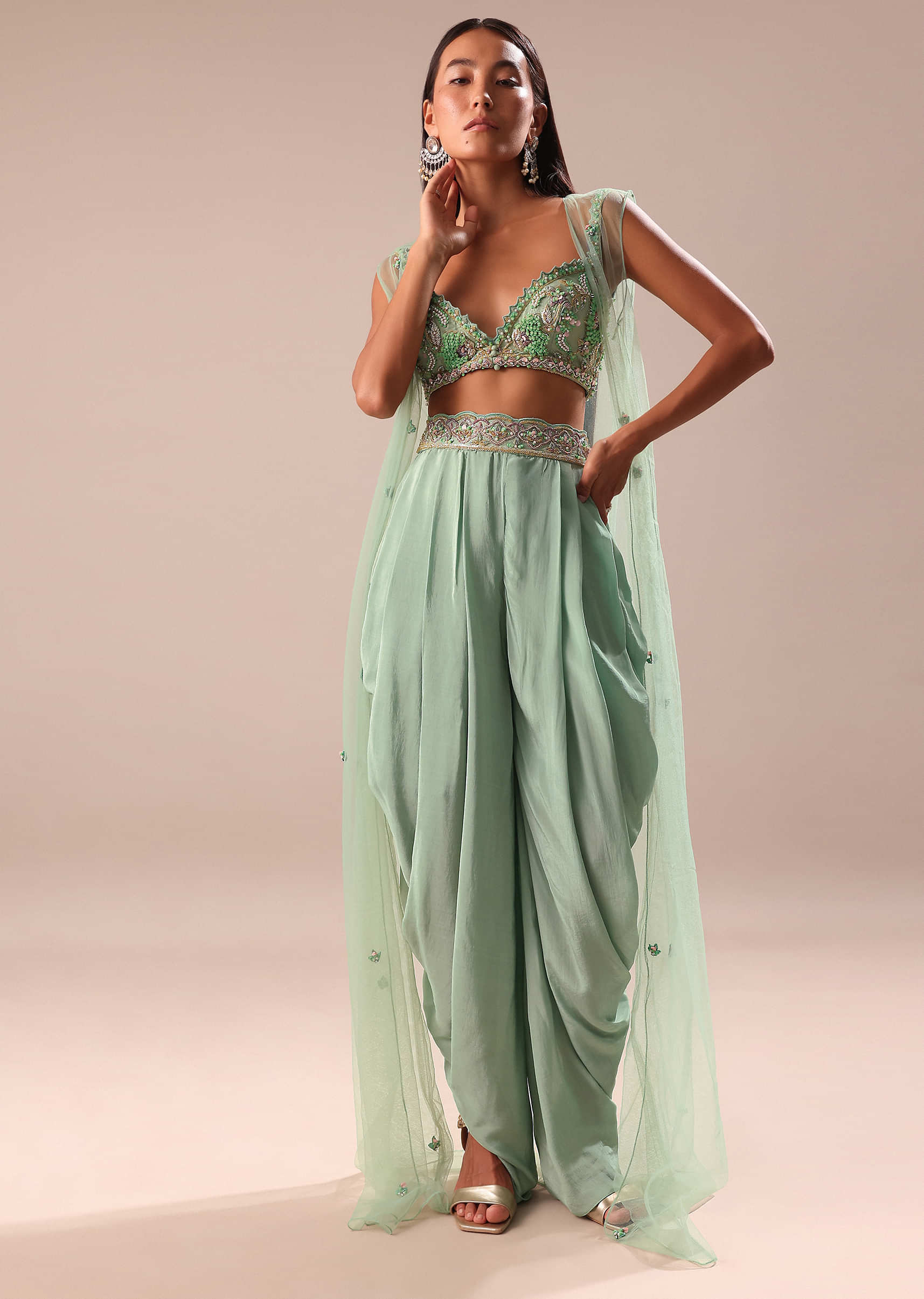 9414-powder-blue-dhoti-and-jacket-with-embroidered-blouse-1.jpg Powder Blue Dhoti And Jacket With Embroidered Blouse