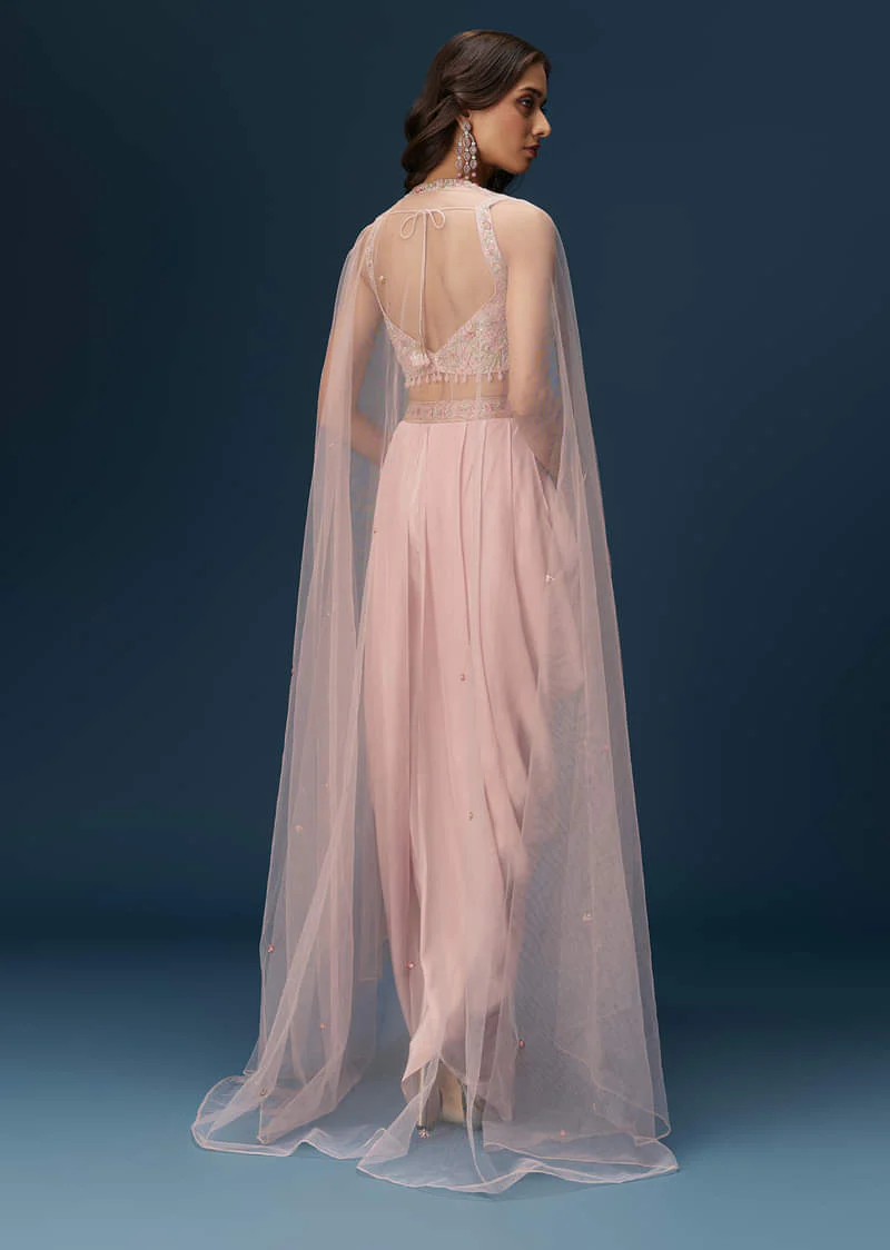 Blush Pink Dhoti Set With Embroidered Blouse And Soft Dupatta